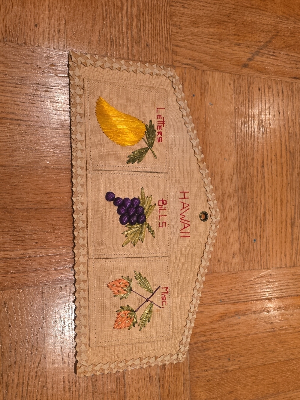 Hawaii Embroidered Wall Pocket Organizer in Beige with Colorful Fruit